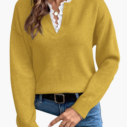 Dames elegante trui met V-hals en ruches kraag – Perfect voor dagelijks gebruik & kantoor