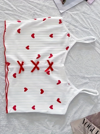 Dame pyjamasæt med hjerteprint og sløjfer – To-delt sommernatsæt, sexet stil