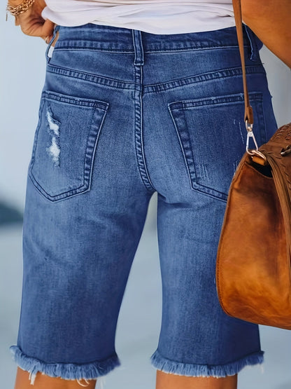 Bermuda jeans da donna effetto usato con frange – Moda estiva alla moda, streetwear e tempo libero
