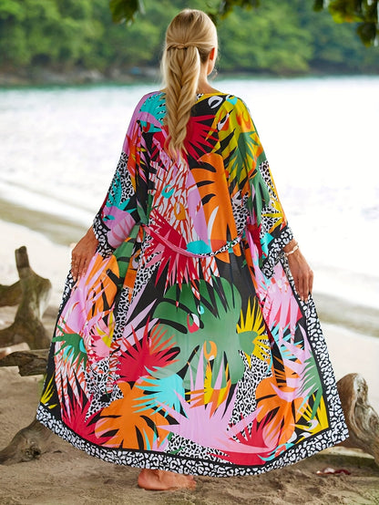 Dame strandkimono lang med tropisk mønster og dyreprint – Perfekt for ferie og resort