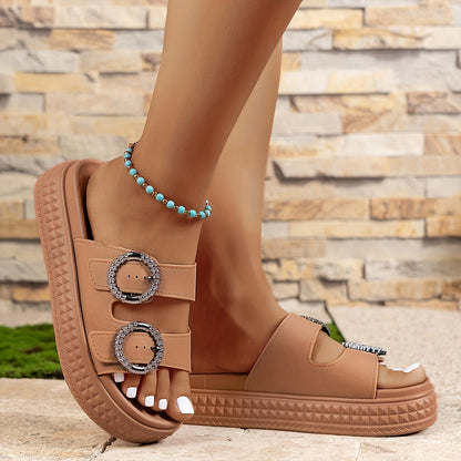 Sandalias de plataforma para mujer con doble correa y hebillas con strass – Zapatos de verano a la moda para uso diario y tiempo libre