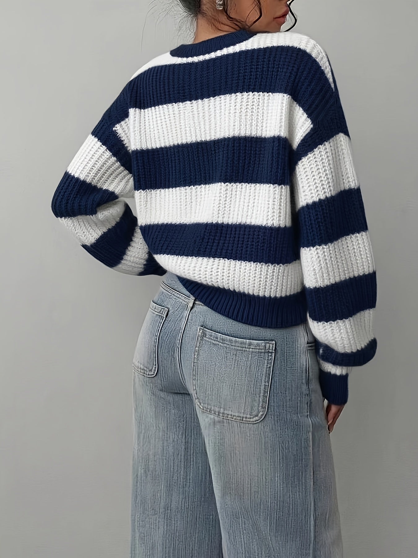 Gestreifter Pullover Damen Schwarz Weiß Langarm Rundhals Strickpullover