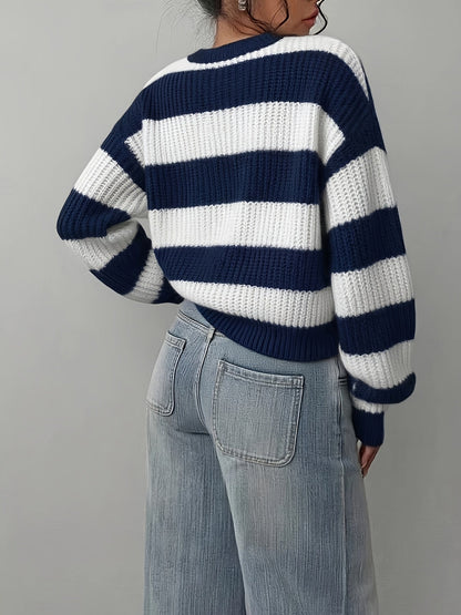 Gestreifter Pullover Damen Schwarz Weiß Langarm Rundhals Strickpullover