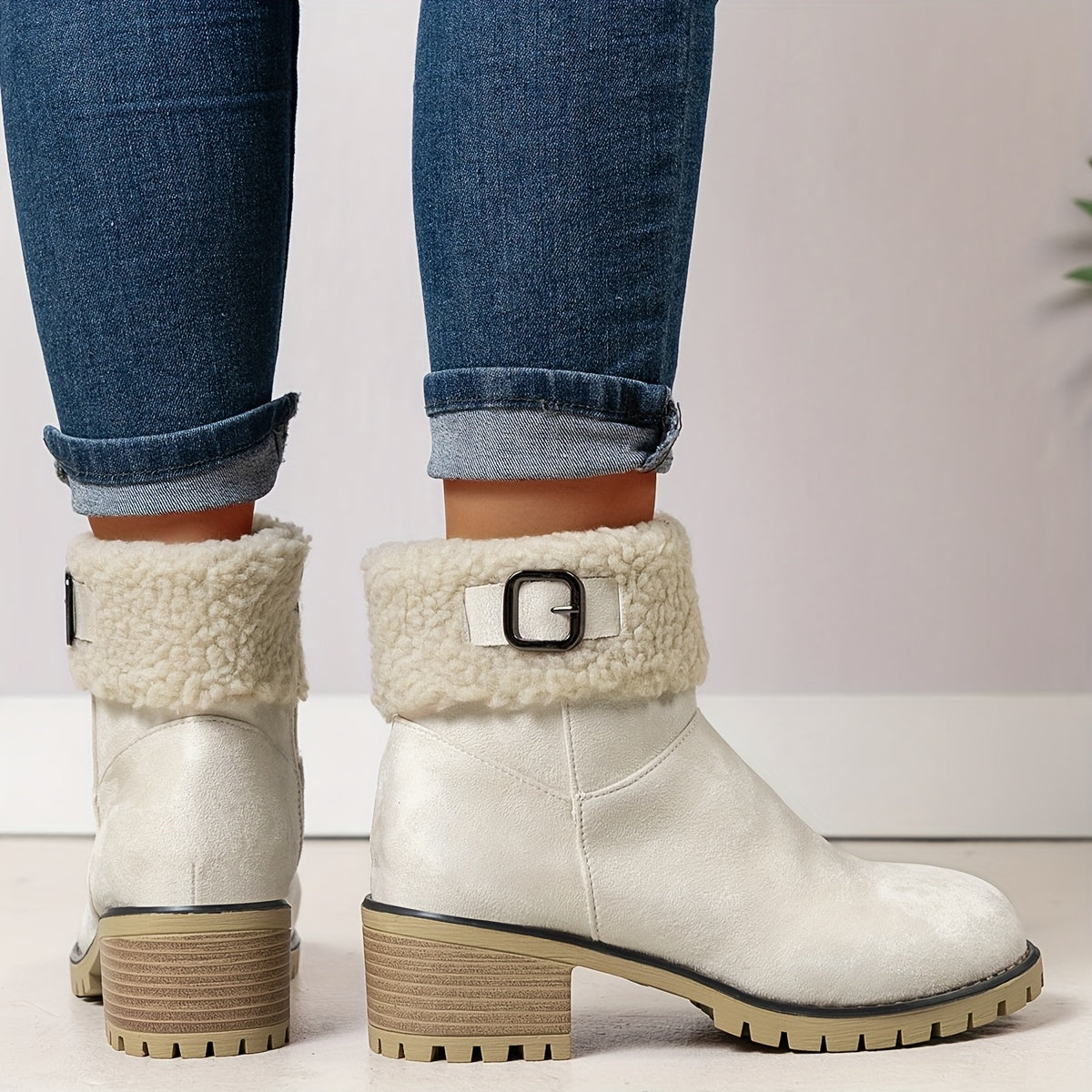 Damen Stiefeletten mit Blockabsatz, Plüschrand und Schnalle, Braun