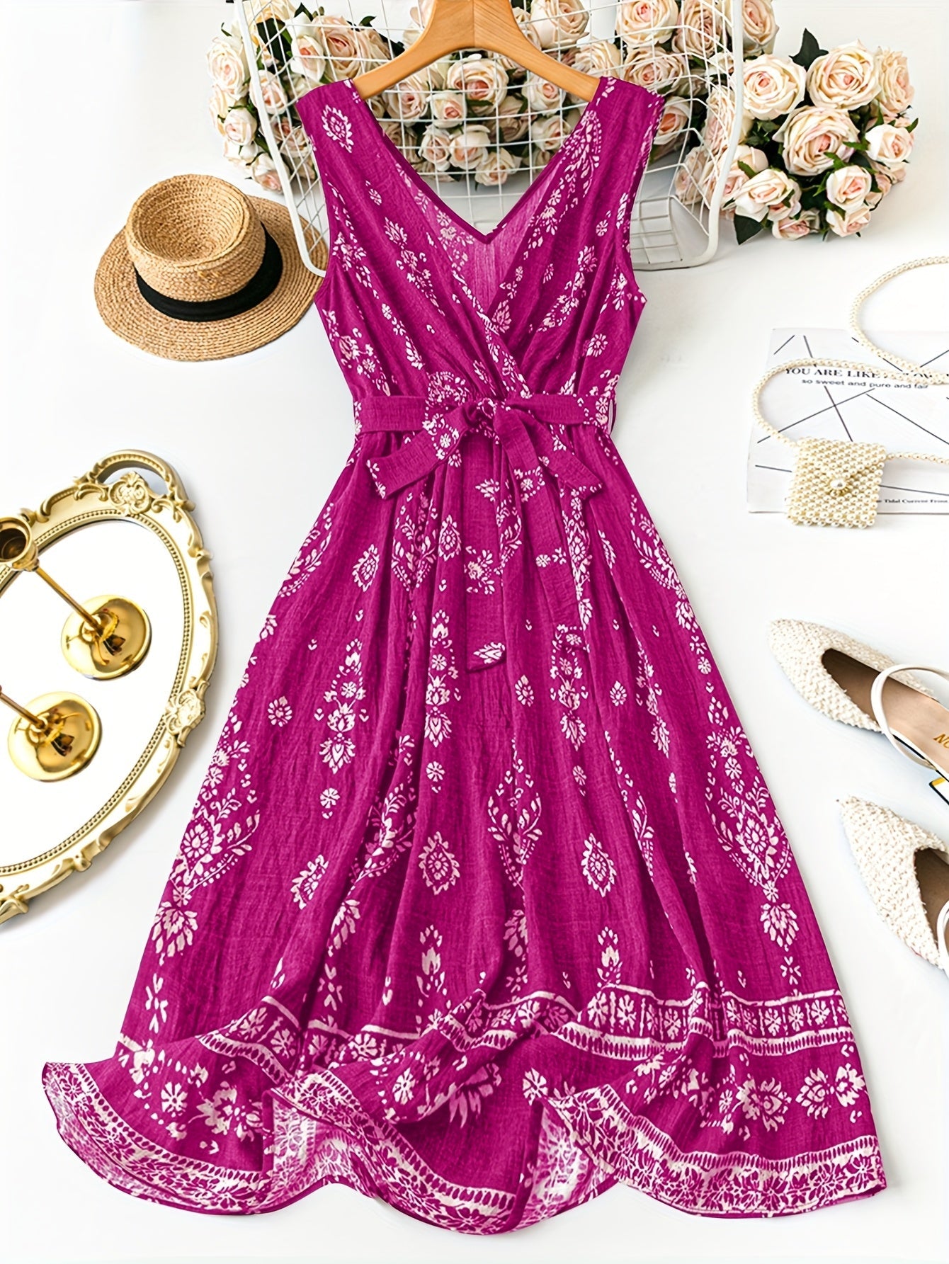 Damska sukienka maxi boho w kwiaty z paskiem w talii – elegancka letnia stylizacja na co dzień i na wakacje