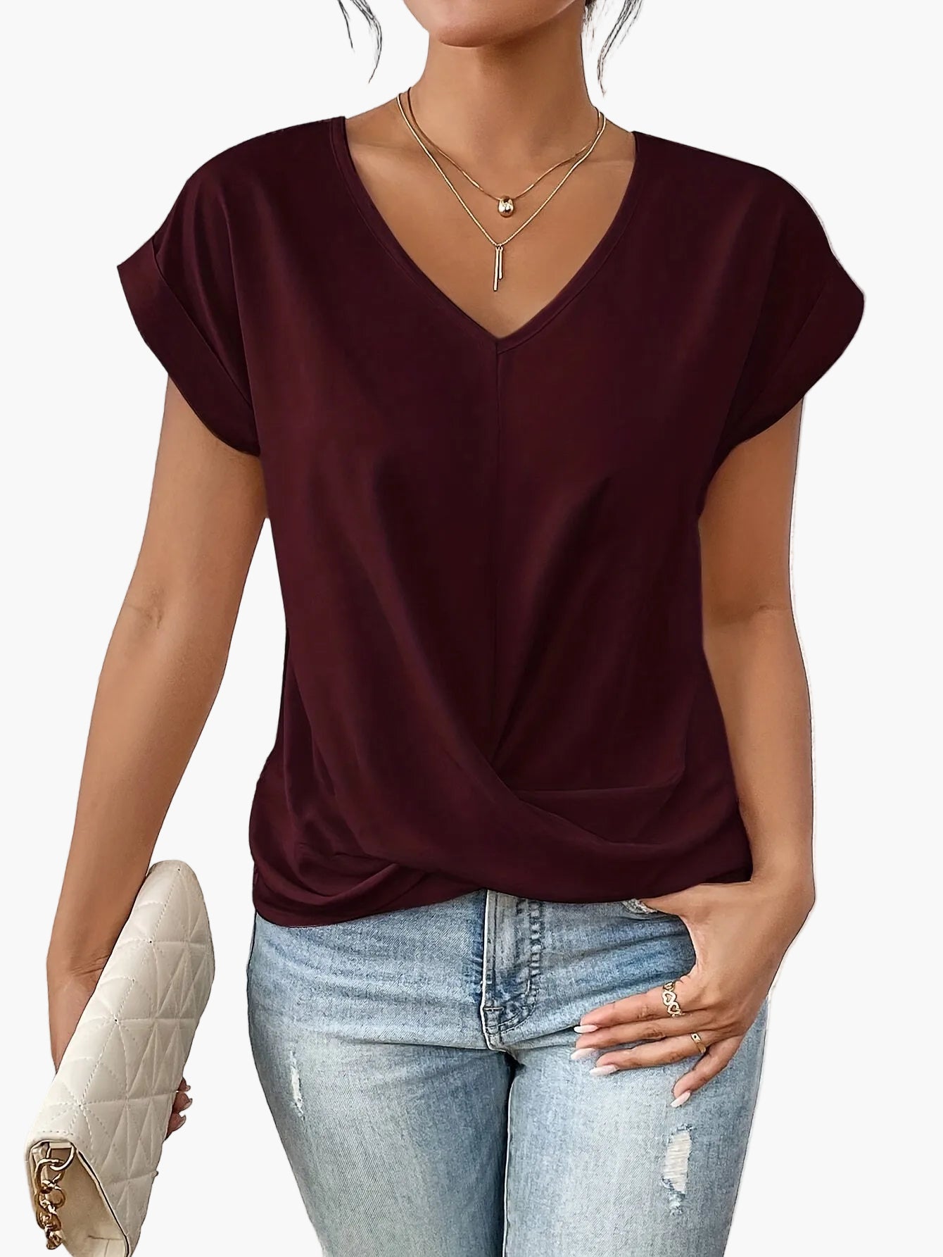 T-shirt casual da donna a manica corta con scollo a V – Top casual chic per tutti i giorni e estate