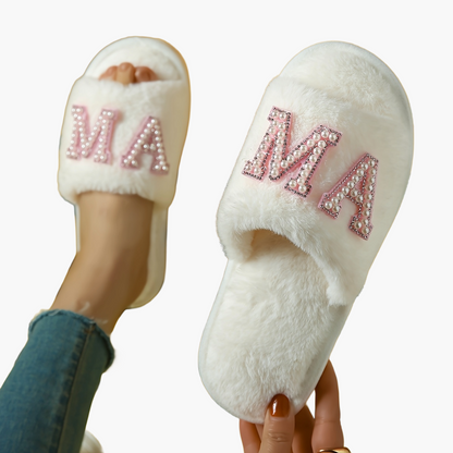 Pantofole da donna in peluche con decorazioni di perle e scritta 'MAMA' – Comode ciabatte per casa, regalo per mamme