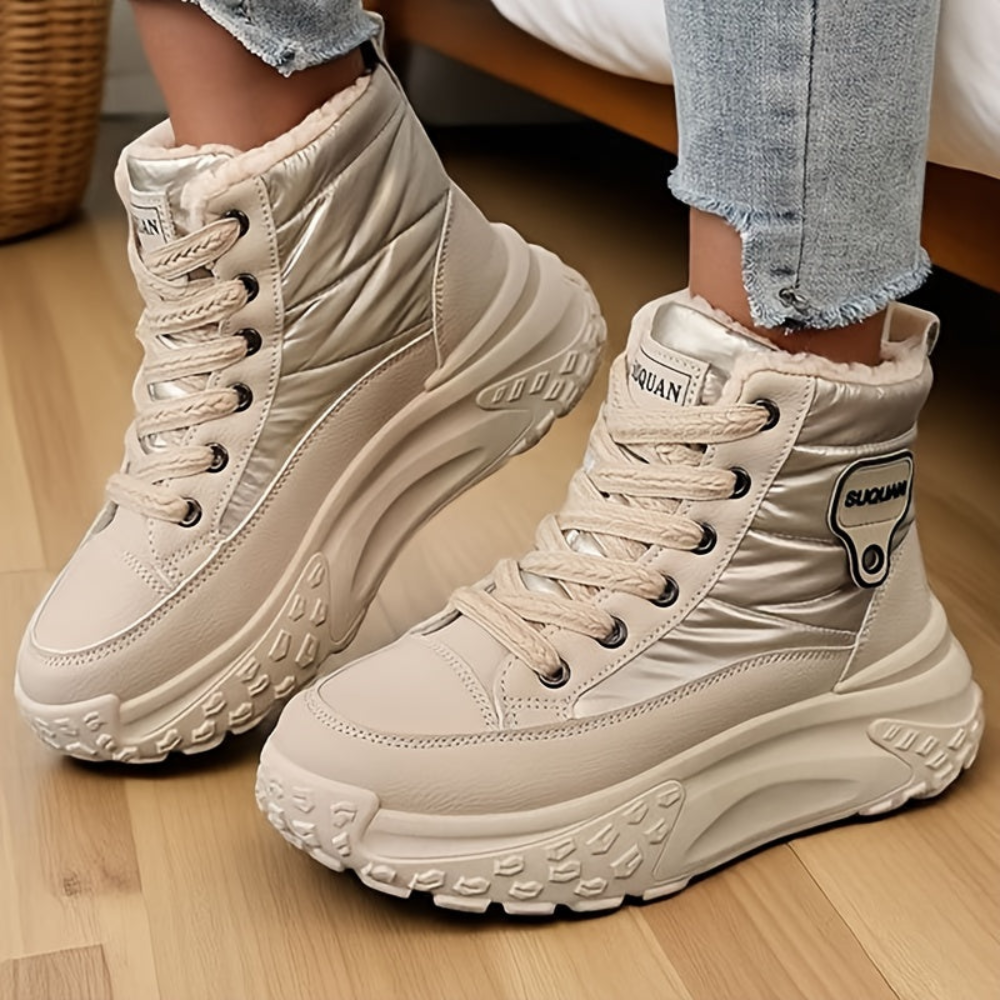 Winterstiefeletten Damen Beige Gefüttert Plateau Sohle