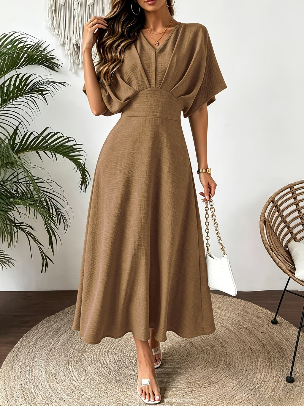 Midi-jurk voor dames met V-hals