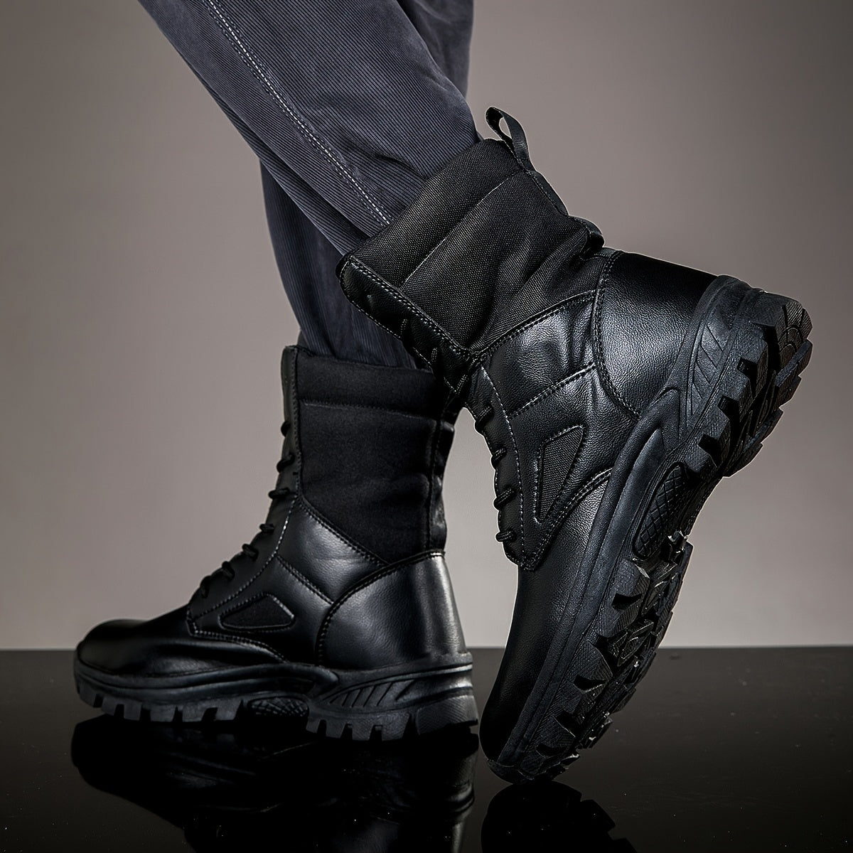 Botines robustos de cordones para hombre, altos, con suela perfilada, en negro