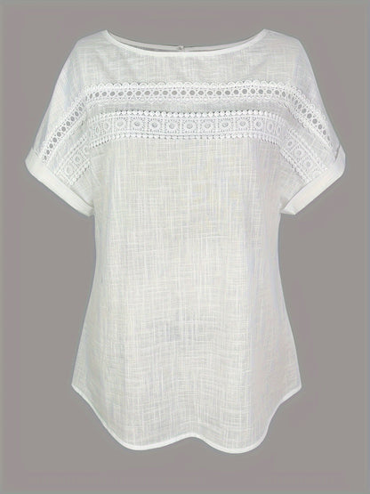 Top de verano elegante para mujer con encaje de ganchillo, manga corta, ideal para tiempo libre y vacaciones