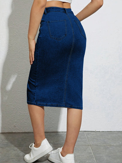 Damejeans-midirok med høj talje og frontslids – moderigtig fritidsstil til sommeren