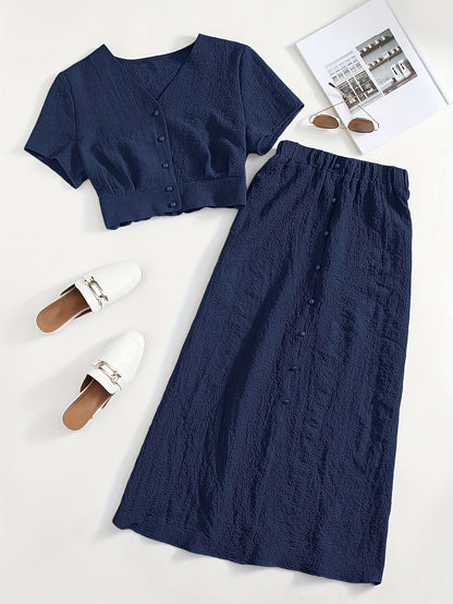 Dame To-delt Sæt – Elegant Fritidsoutfit med Croptop og Midi Nederdel, Moderne & Alsidigt