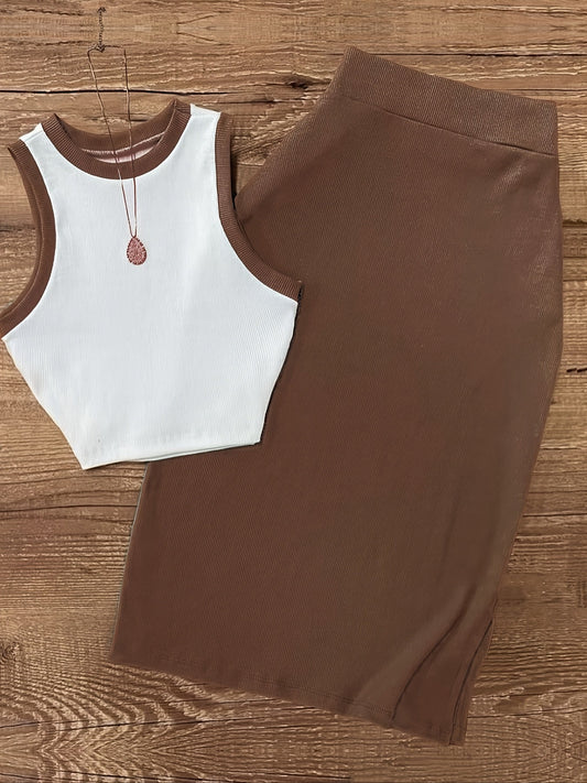 Dame Elegant 2-delt sæt – Ærmeløs crop-top og nederdel, stilfuld til forår og sommer