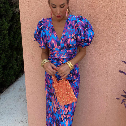 Dames midijurk met pofmouwen en modieuze dierenprint – Elegante zomerjurk voor speciale gelegenheden