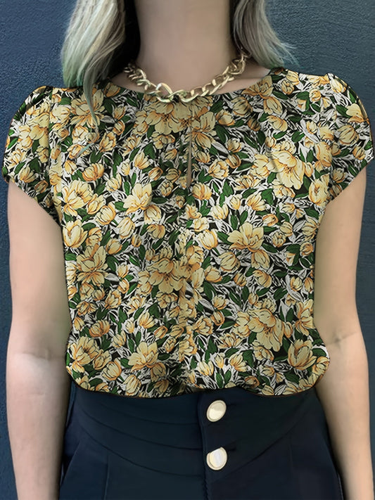 Damen Bluse mit floraler Musterung und Schlüssellochausschnitt – Eleganter Alltags- und Büro-Look
