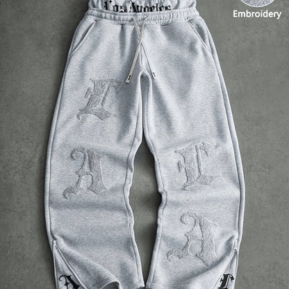 Pantalón de chándal ancho para hombre: pantalón bordado con cremalleras
