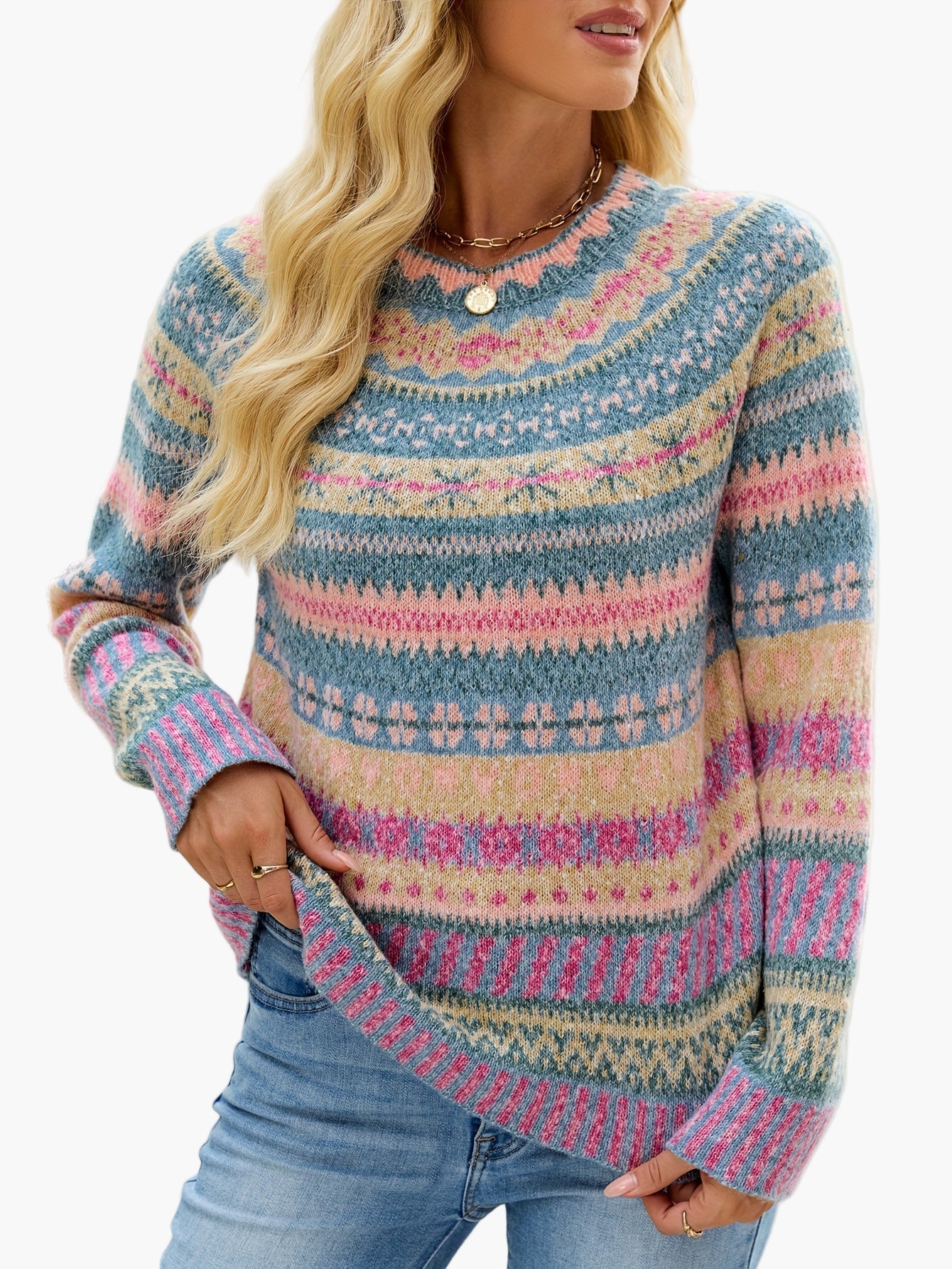 Maglione da donna in stile norvegese con scollo rotondo – Maglione alla moda per autunno e inverno