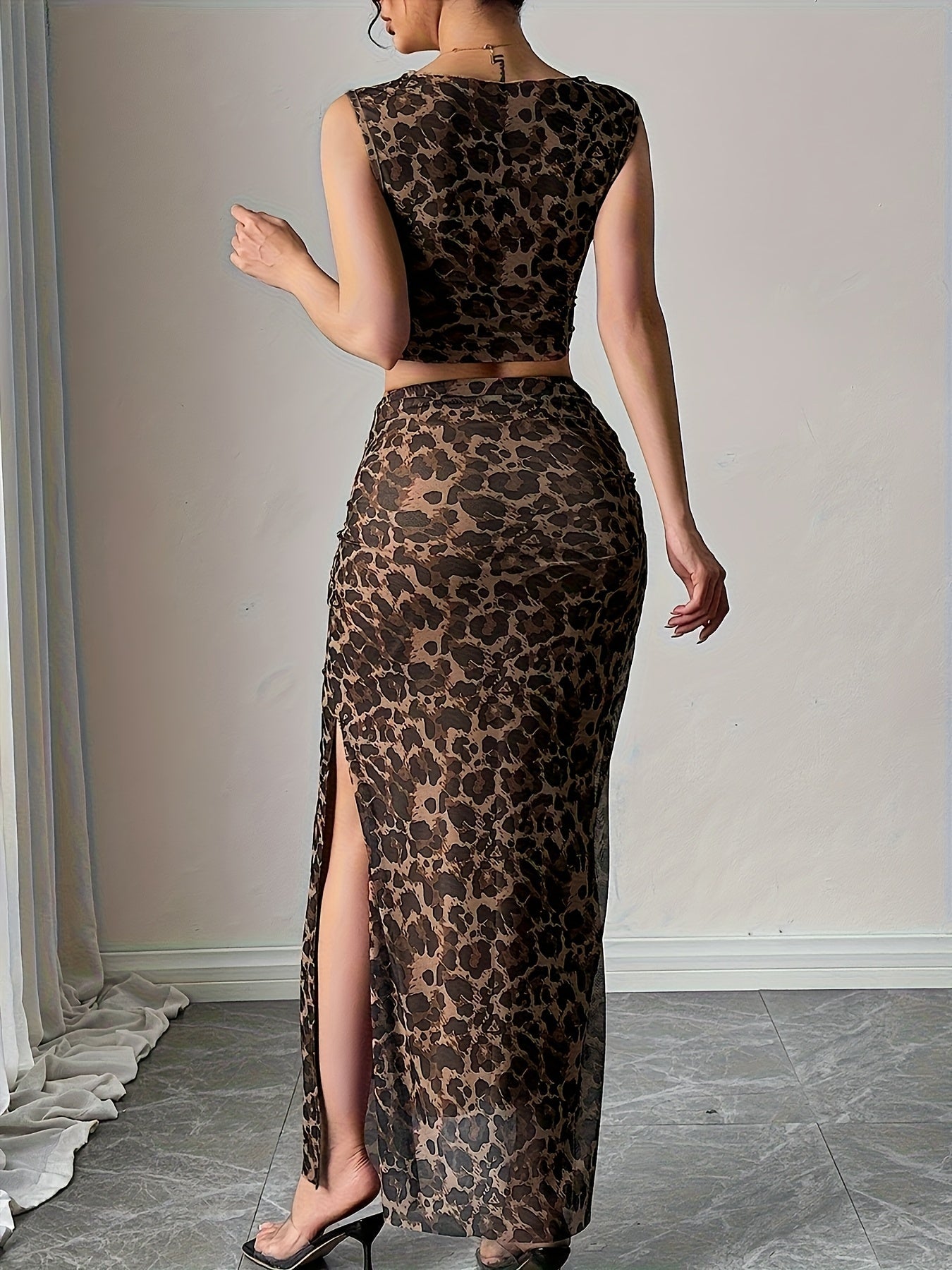 Damen Elegant leopardmönstrad tvådelad set – figurnära croptop och maxikjol för vår/sommar