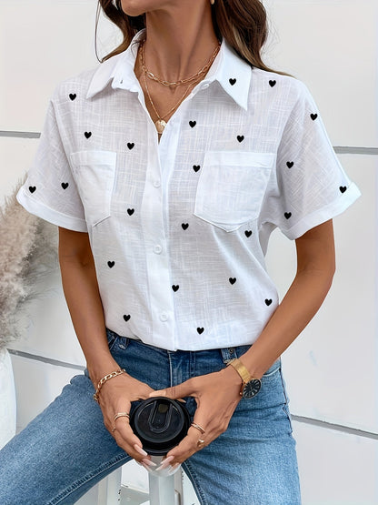 Damen Kurzarm Bluse mit Vogelmotiv – Casual Sommer Hemd mit Brusttasche