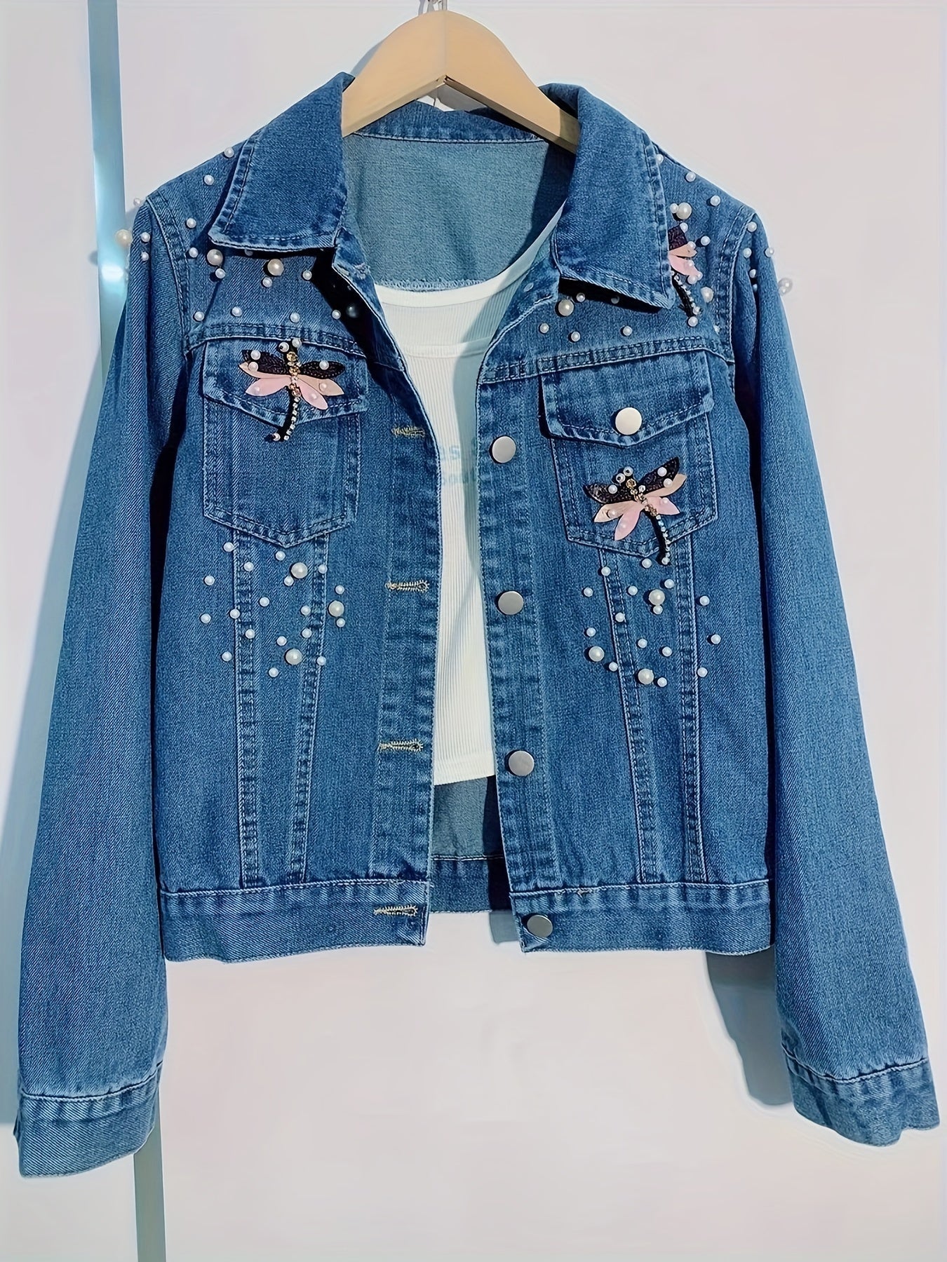 Jeansjacke Damen Blau mit Perlen und Stickerei