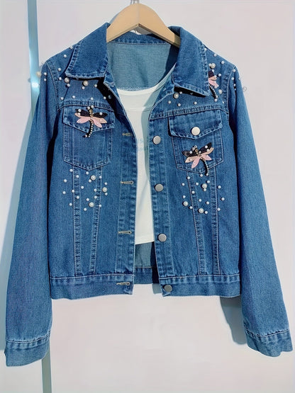 Jeansjacke Damen Blau mit Perlen und Stickerei
