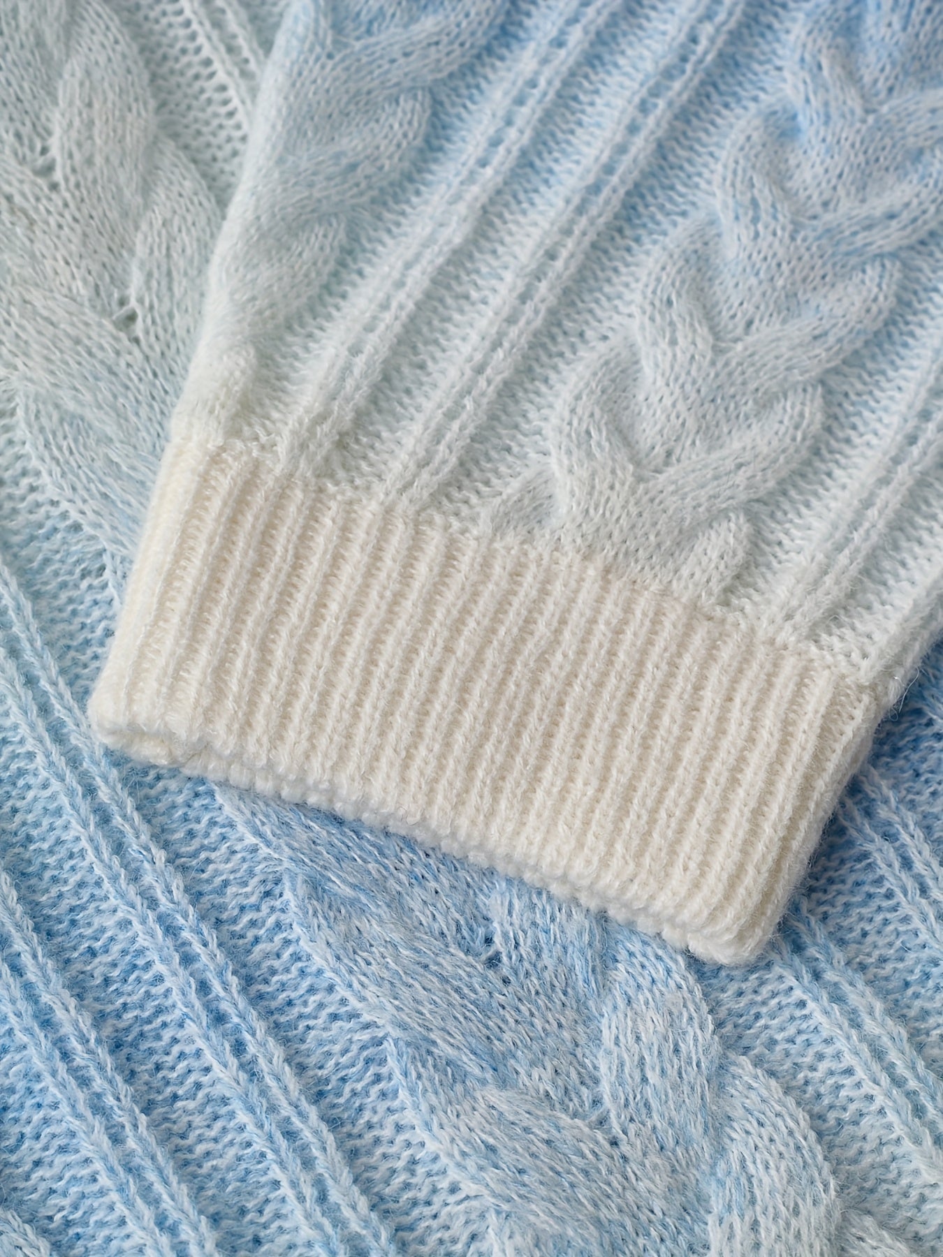 Damen Strickpullover Zopfmuster Blau Weiß Gemütlich Rundhals Langarm