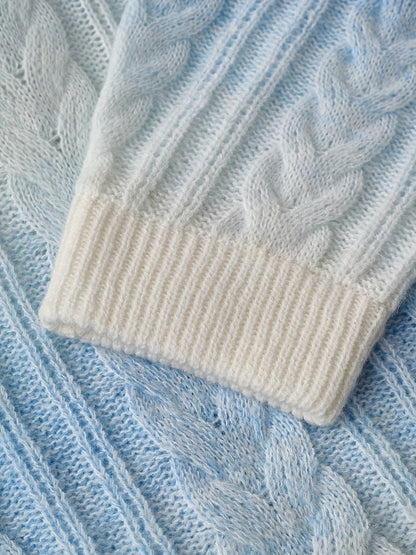 Damen Strickpullover Zopfmuster Blau Weiß Gemütlich Rundhals Langarm