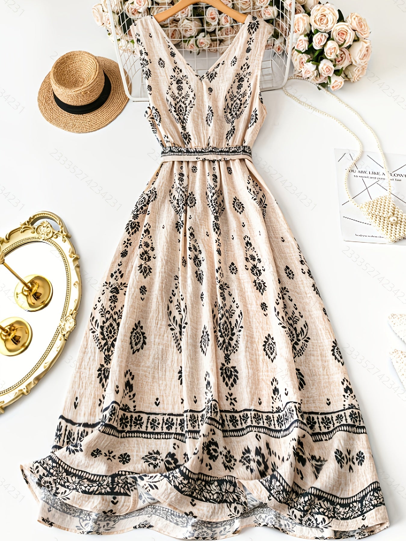 Damska sukienka maxi boho w kwiaty z paskiem w talii – elegancka letnia stylizacja na co dzień i na wakacje