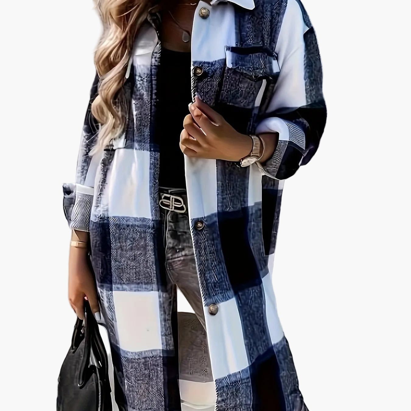 Camicia overshirt lunga da donna a quadri in stile casual per primavera e autunno