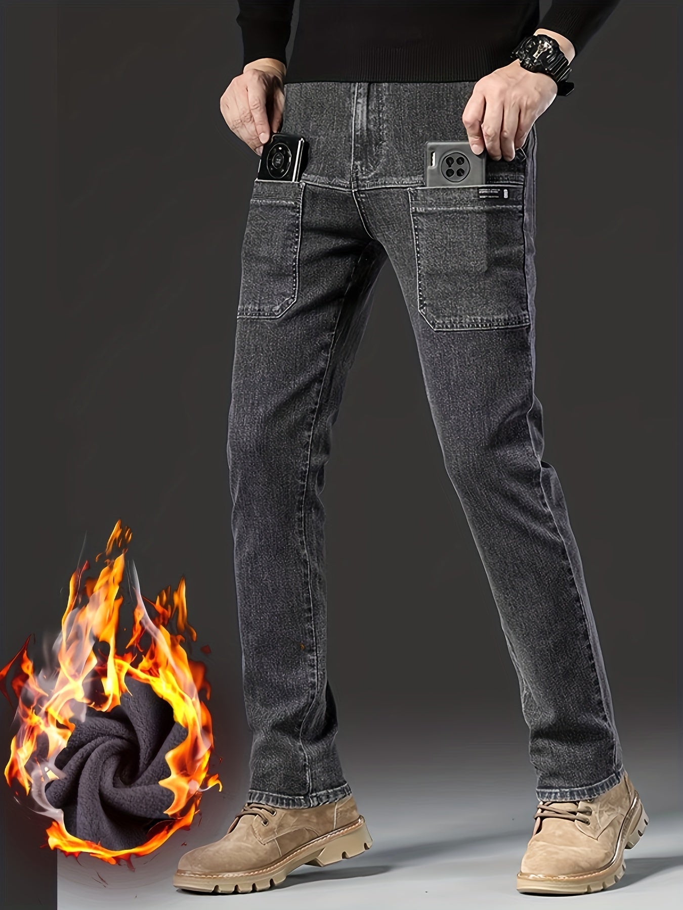 Jeans invernali da uomo, pantaloni foderati, neri o blu, vestibilità dritta