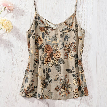 Top fleuri pour femme avec décolleté en V et fines bretelles – Estival, élégant, idéal pour les loisirs et les vacances