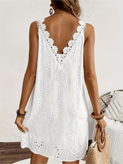 Abito estivo da donna con pizzo, scollo a V, elegante per tempo libero e vacanze