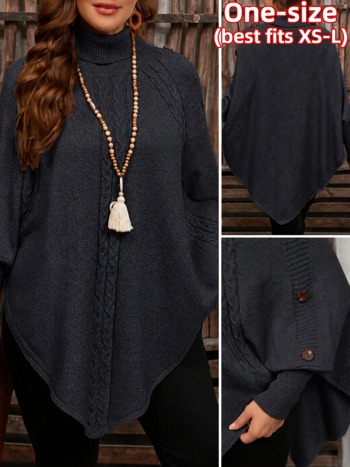 Poncho da donna, pullover a collo alto in maglia, casual, con bottoni e motivo a trecce