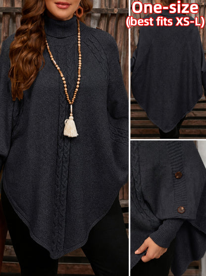Poncho da donna, pullover a collo alto in maglia, casual, con bottoni e motivo a trecce