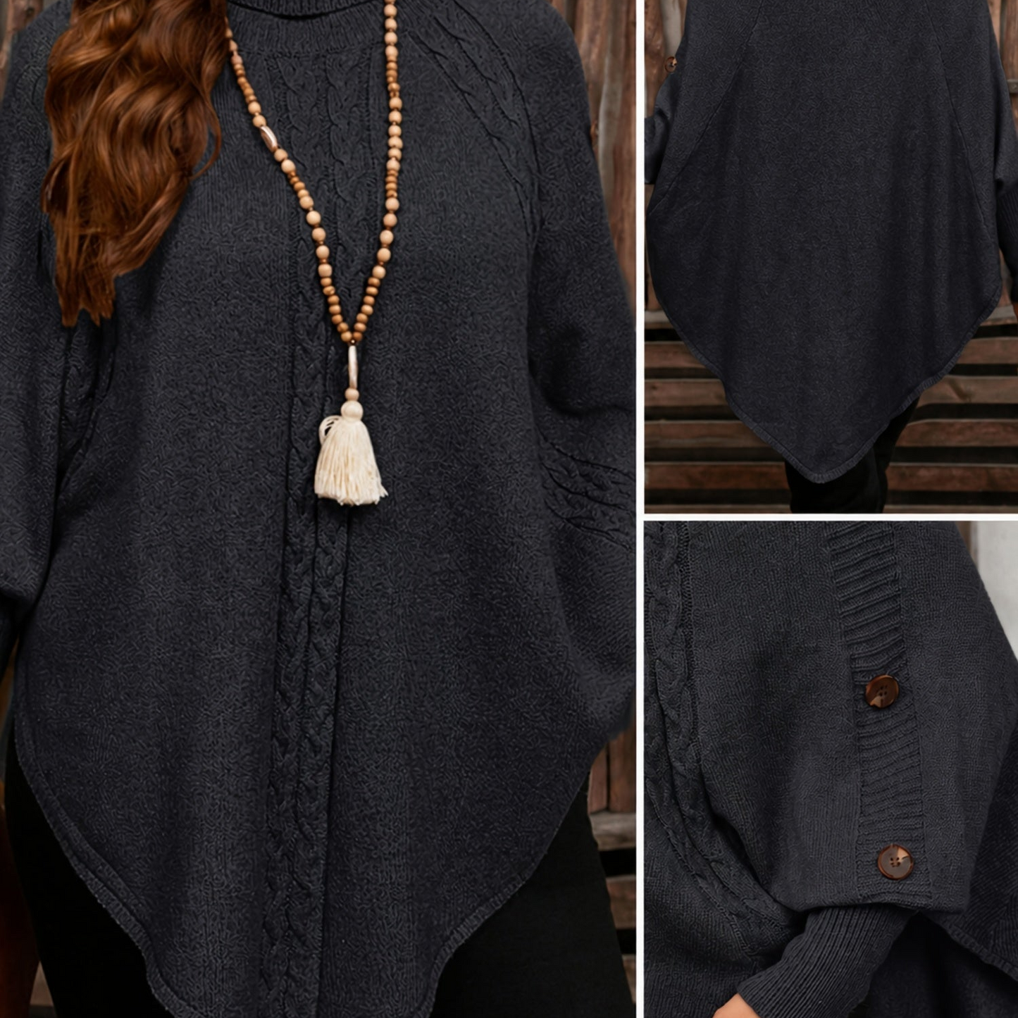 Poncho da donna, pullover a collo alto in maglia, casual, con bottoni e motivo a trecce