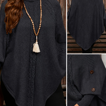 Poncho da donna, pullover a collo alto in maglia, casual, con bottoni e motivo a trecce