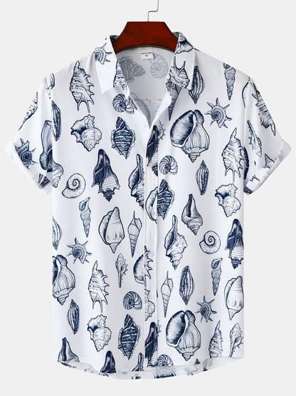 Chemise de villégiature à manches courtes pour homme avec imprimé coquillages – Look estival maritime pour la plage et les loisirs
