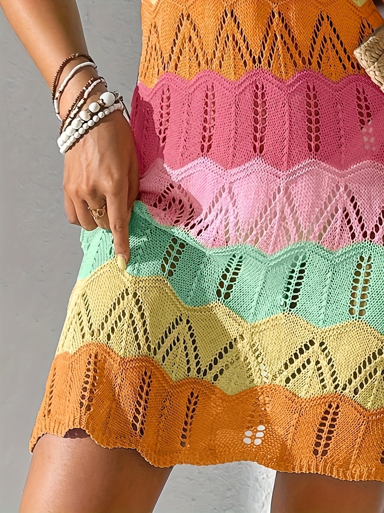 Robe mini tricotée bohème pour femme avec motif chevron – Idéale pour les vacances et l'été