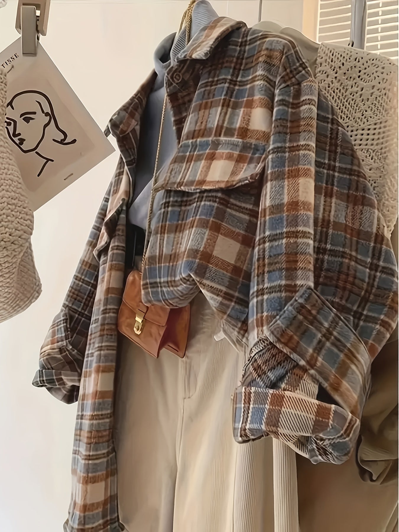 Shacket oversize da donna a quadri beige, blu e marrone
