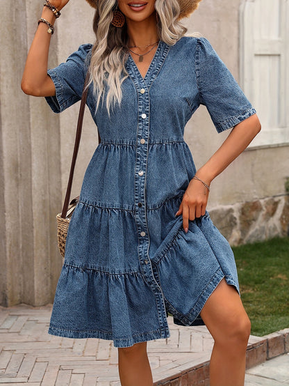 Abito jeans da donna con bottoni e scollo a V – Elegante abito casual per primavera ed estate