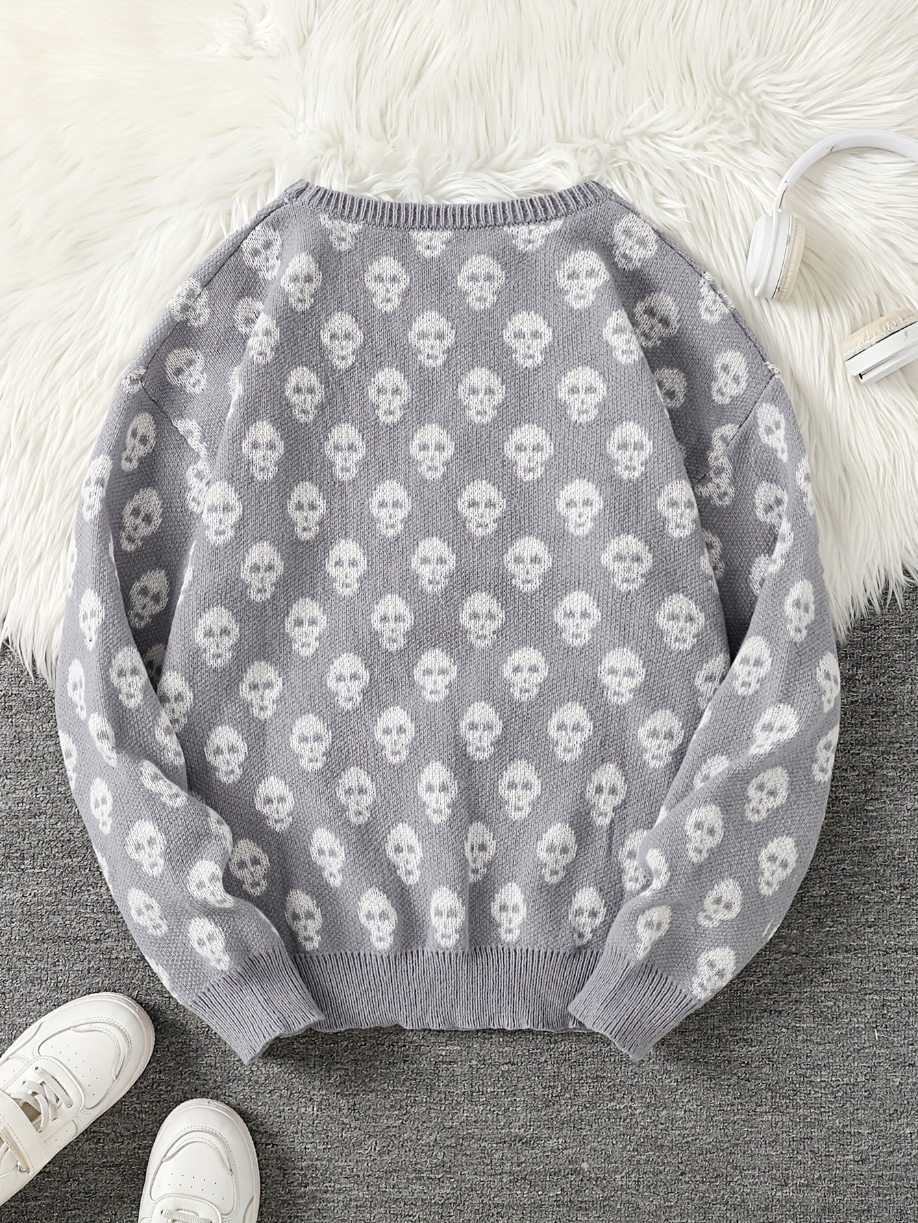 Jersey de punto unisex con cuello redondo, estampado de calavera y manga larga