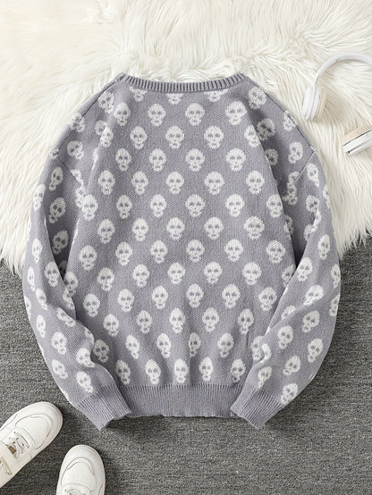 Jersey de punto unisex con cuello redondo, estampado de calavera y manga larga
