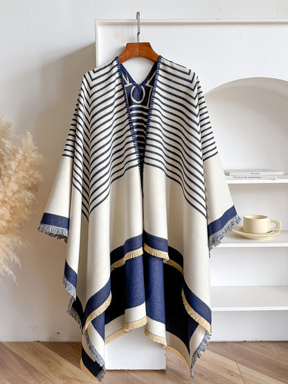 Women's Striped Fringe Trim Open Front Wrap Poncho Cape