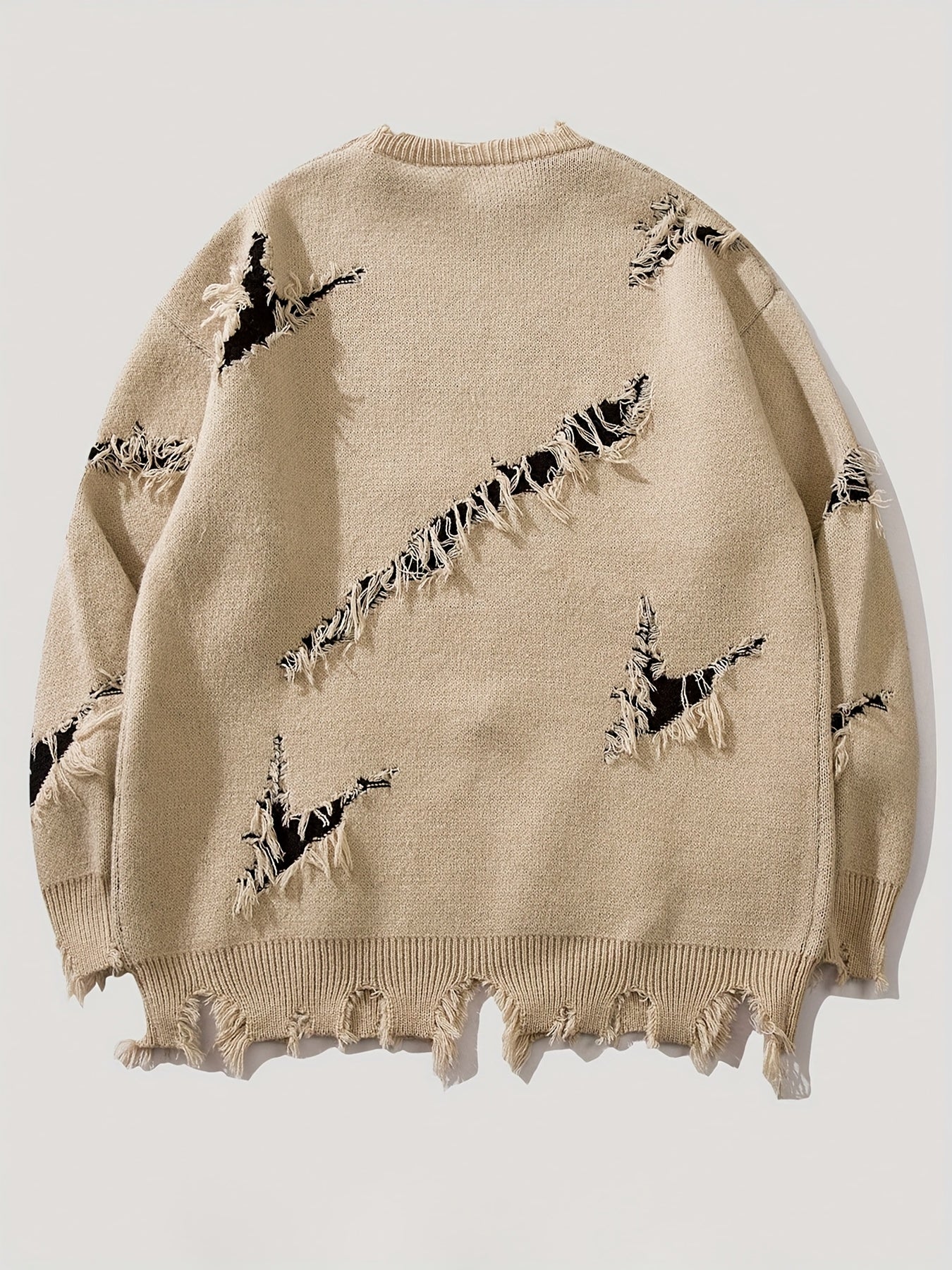 Suéter de hombre de cuello redondo con estampado y efecto desgastado beige