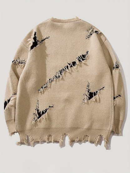 Suéter de hombre de cuello redondo con estampado y efecto desgastado beige