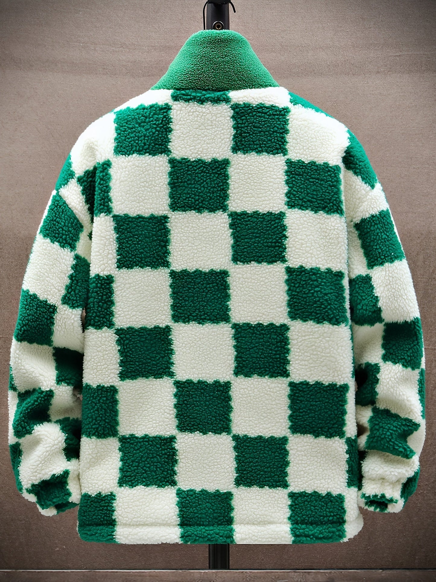 Chaqueta unisex de forro polar de peluche con cremallera y estampado de tablero de ajedrez azul y blanco