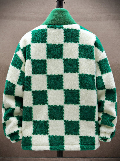 Chaqueta unisex de forro polar de peluche con cremallera y estampado de tablero de ajedrez azul y blanco