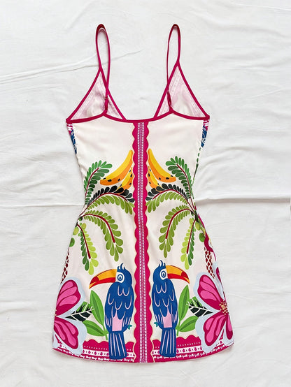Damen Wickelkleid Sommer Tropischer Print – Blumen & Papagei, V-Ausschnitt, Freizeit & Strand
