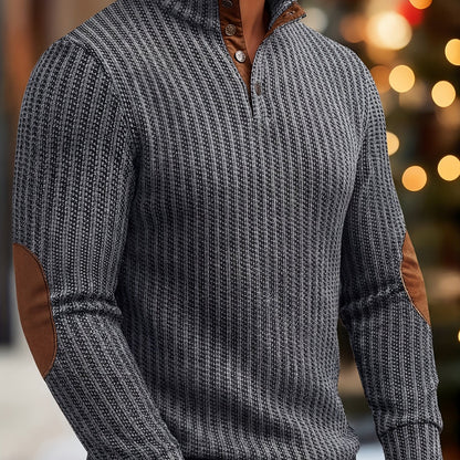 Herren Strickpullover Mock-Neck mit Knopfleiste Ellbogen-Patches Gerippt